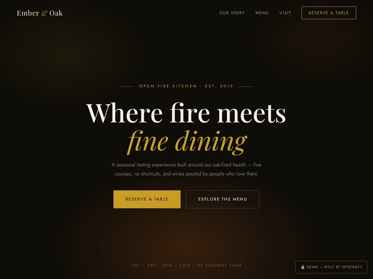 Ember & Oak fine dining restaurant website